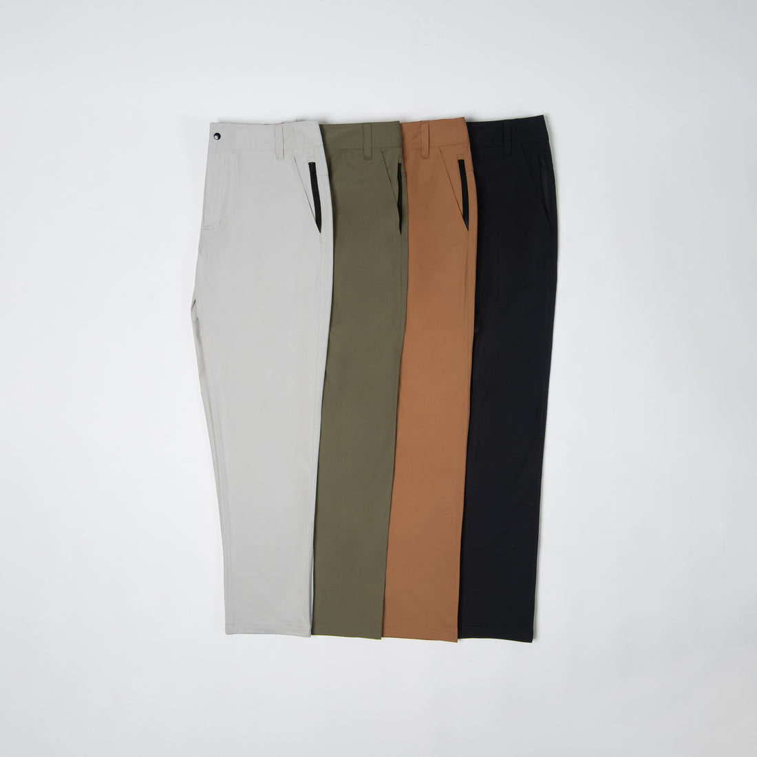 Poda Pants in gray, green, brown and black.